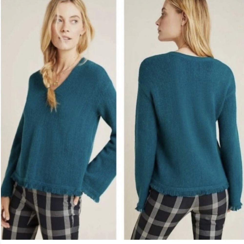 Anthropologie  JOY Teal V-Neck Sweater with Fringe